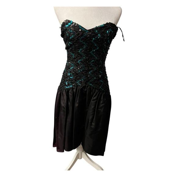 Vintage Gunne Sax Prom Dress Black Strapless Sequin Size 4 Bow High Low Gown - Picture 6 of 12